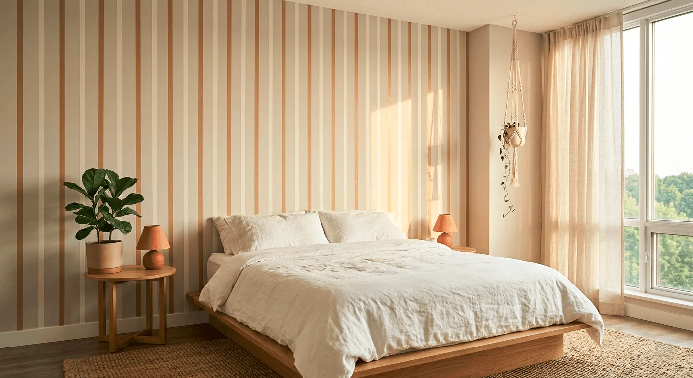 Washi tape accent wall with evenly spaced vertical stripes in cream and warm tan on a beige rental apartment wall behind a minimalist bed setup