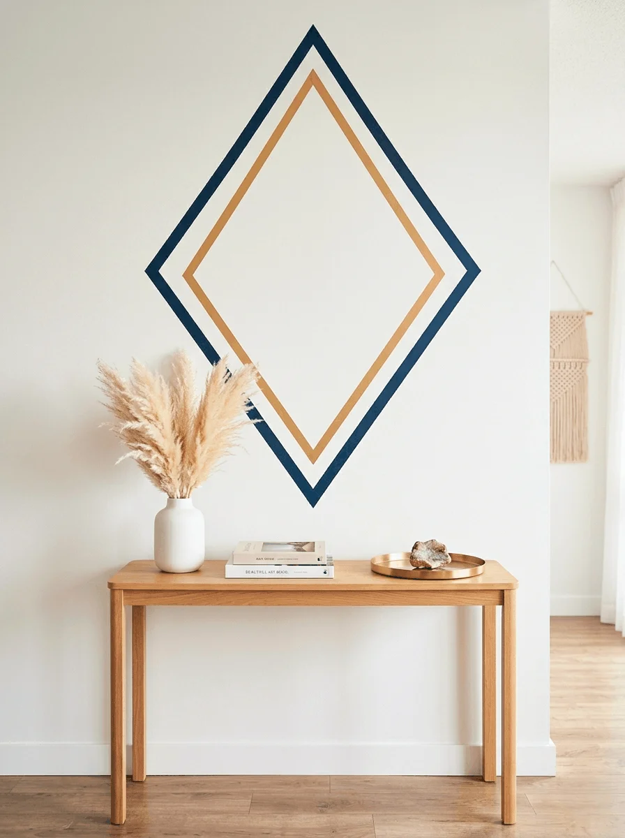 Large oversized diamond washi tape geometric wall art in deep navy and gold tape on a white apartment wall above a modern console table