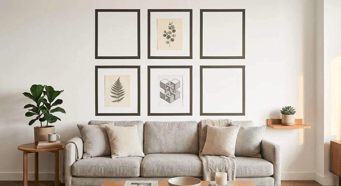 Washi tape picture frames gallery wall with a symmetrical grid of tape-outlined frames and small botanical prints on a white apartment wall no nails needed