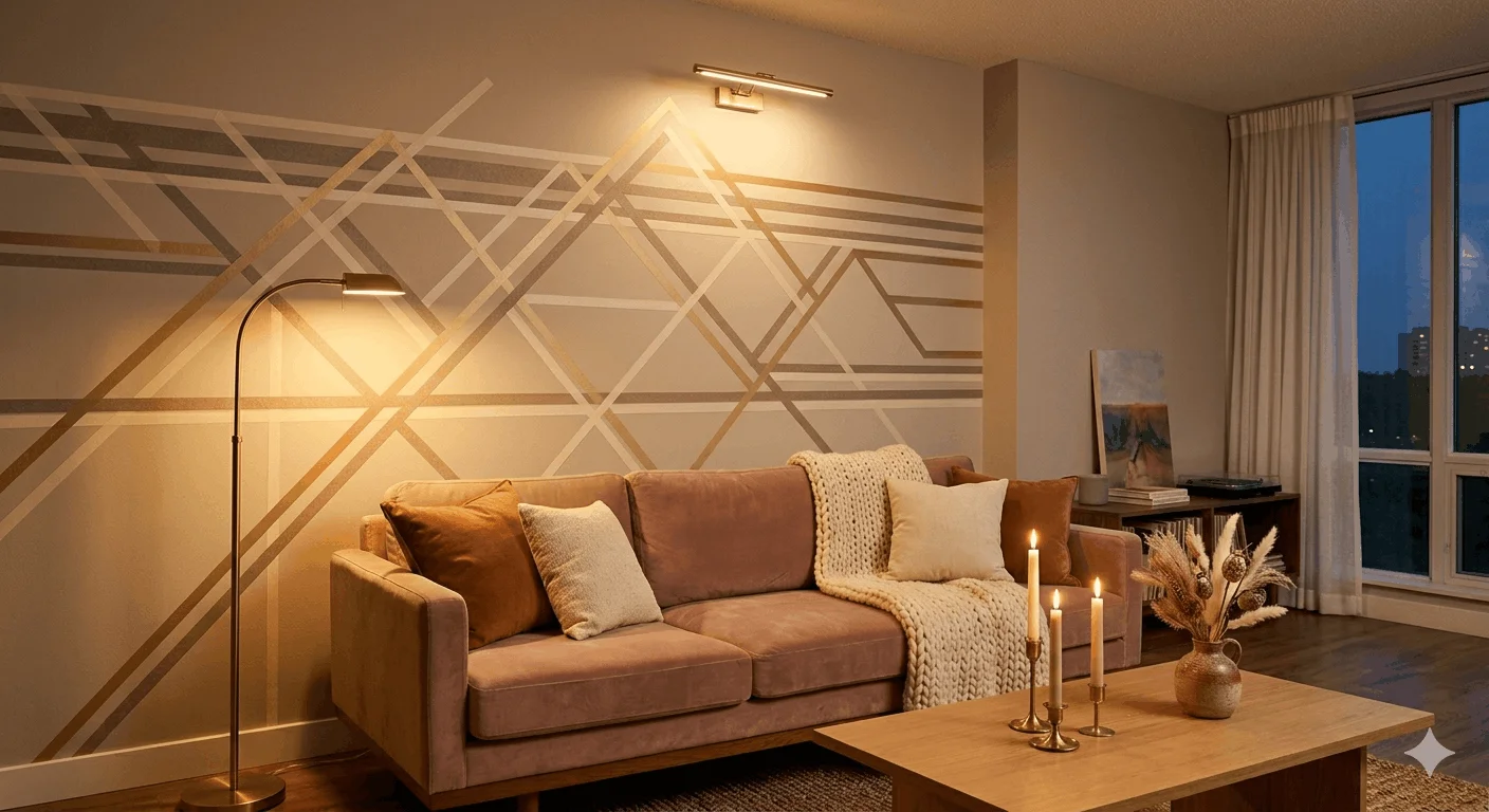 Finished washi tape wall art in a cozy rental apartment living room with warm accent lighting showing geometric tape design that looks expensive and designer at night