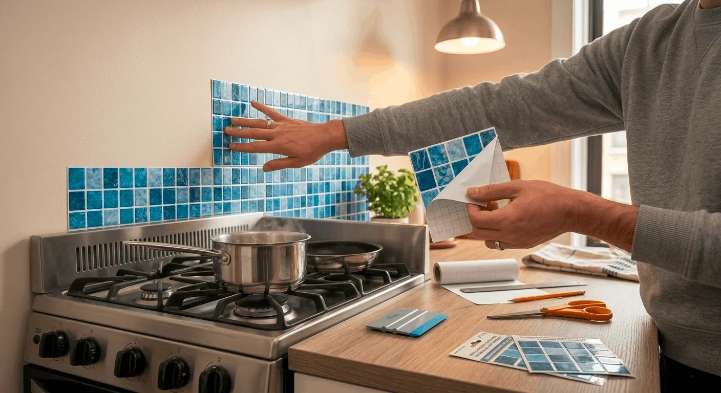 Why renters love peel-and-stick backsplash ideas: easy renter friendly peel and stick tiles application in apartment kitchen.