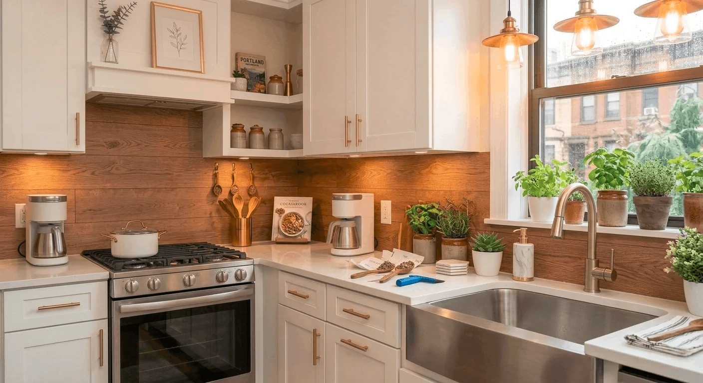 Wood-look peel-and-stick backsplash ideas as renter friendly peel and stick tiles for cozy removable backsplash for rentals.
