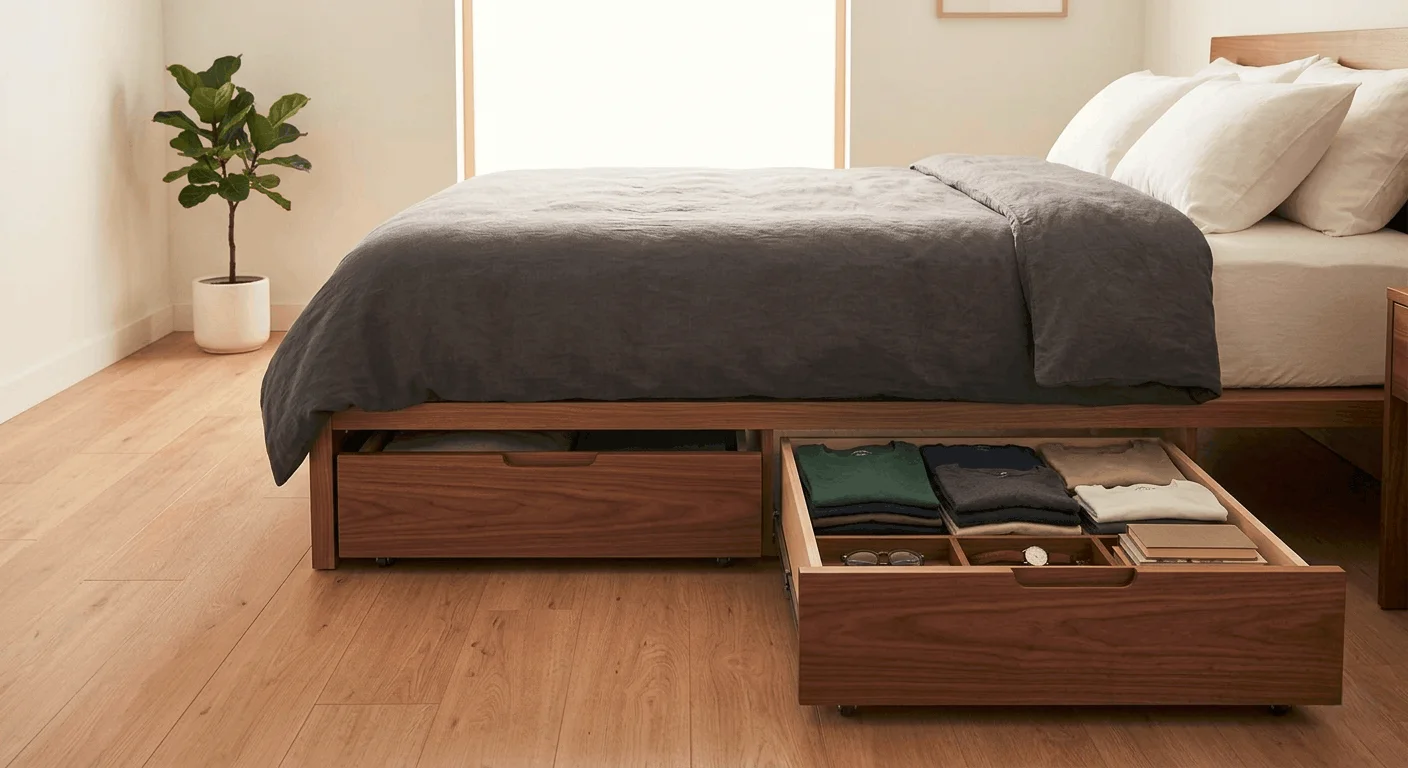 Wooden under-bed rolling storage drawers with wheels in a stylish rental apartment bedroom